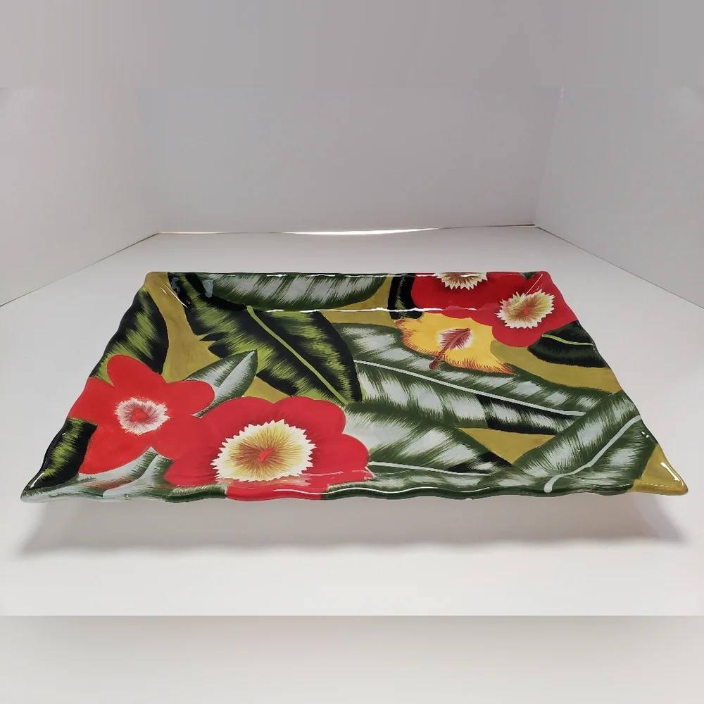 NWOT Ceramic Platter Plate Tray by Jay Import Painted Flower Large 18.5” X 13”